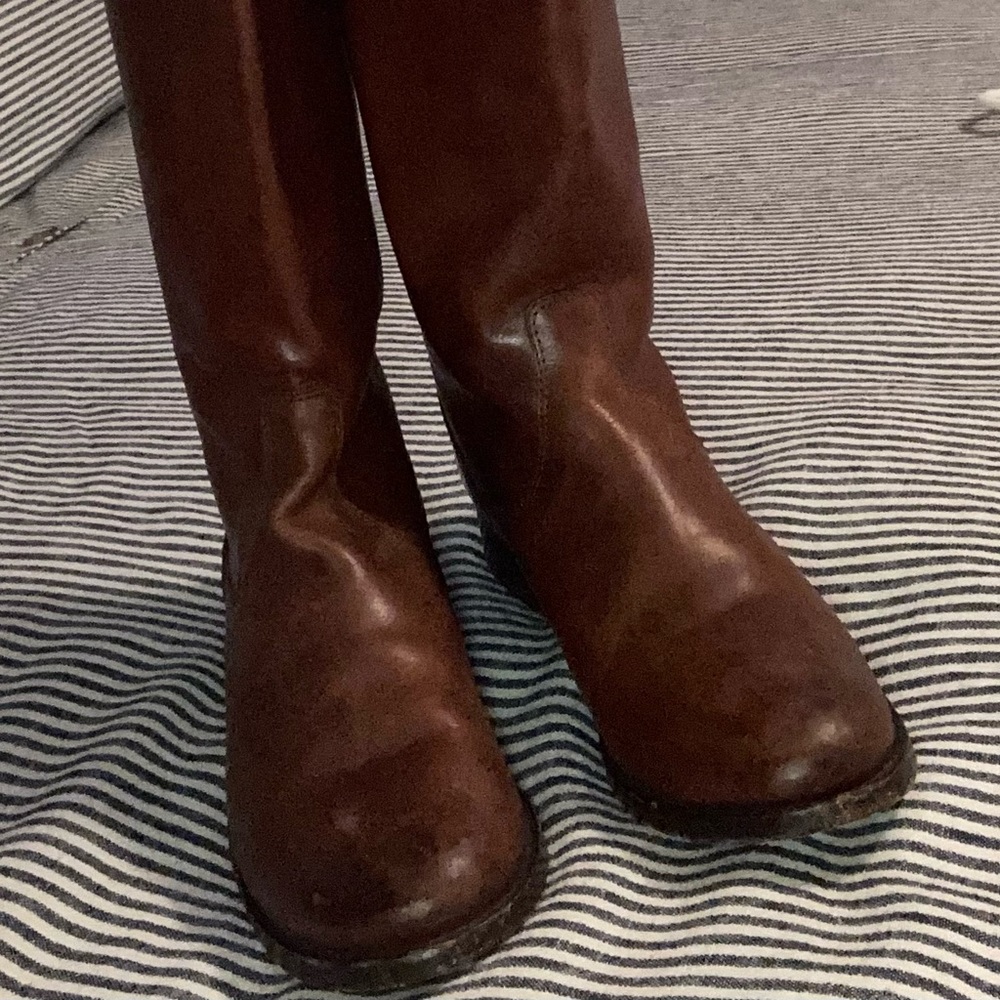 Frye Tall Melissa Button Back Zipper Brown Leather Boot Extended Calf Size 6.5